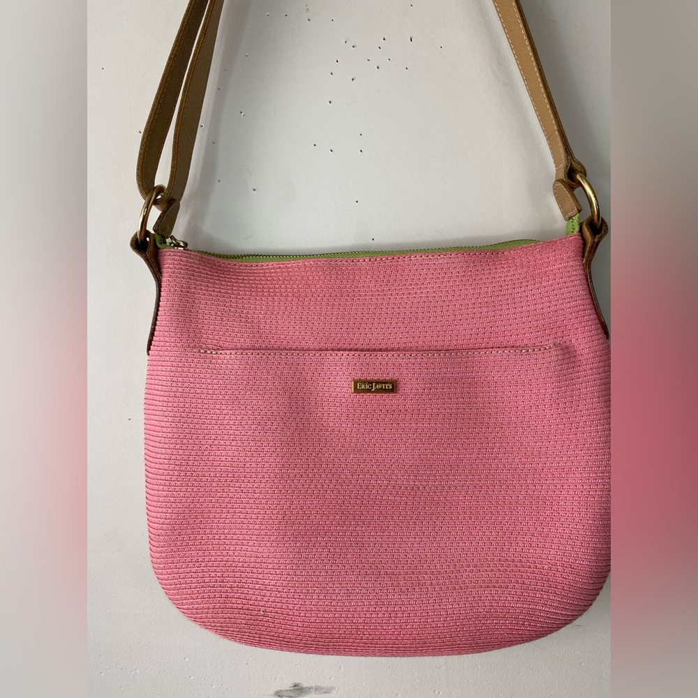 Eric Javits NY Pink Woven Raffia Straw Shoulder Bag, Leather Strap & Neon Lining - Picture 2 of 11